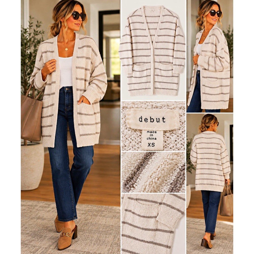 Coastal Grandpa Cardigan Debut XS Striped Oversized Longline Open Front Sweater